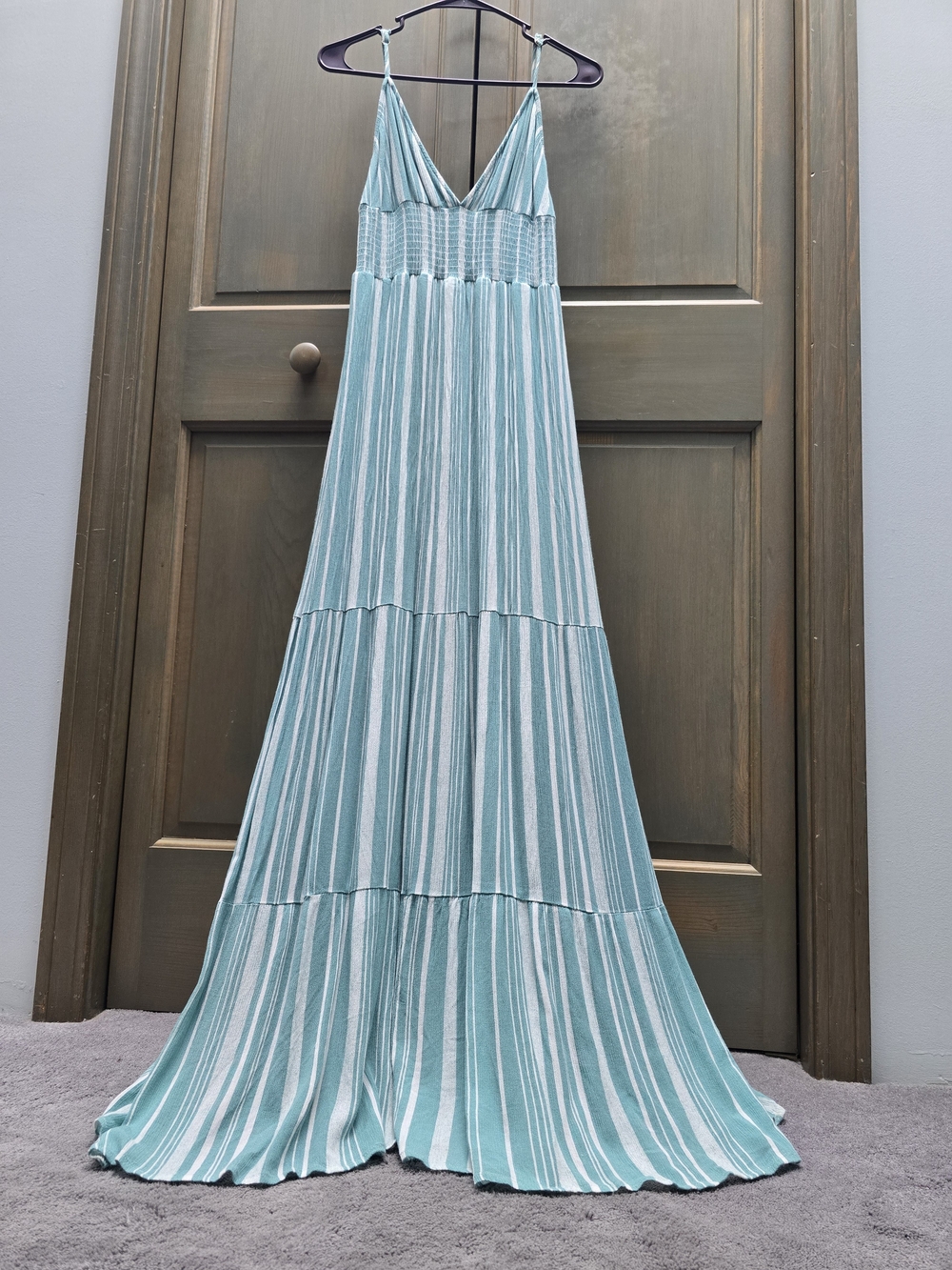 Striped V-Neck Maxi Dress in Light Teal and White